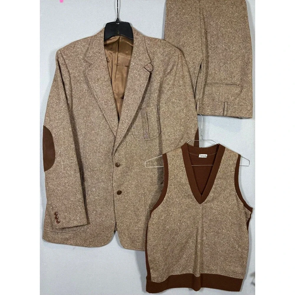 Vtg Andhurst Donegal Tweed Wool 3 Pc Suit Mens 42L Flare Leg Pants 37x33 - Picture 1 of 16